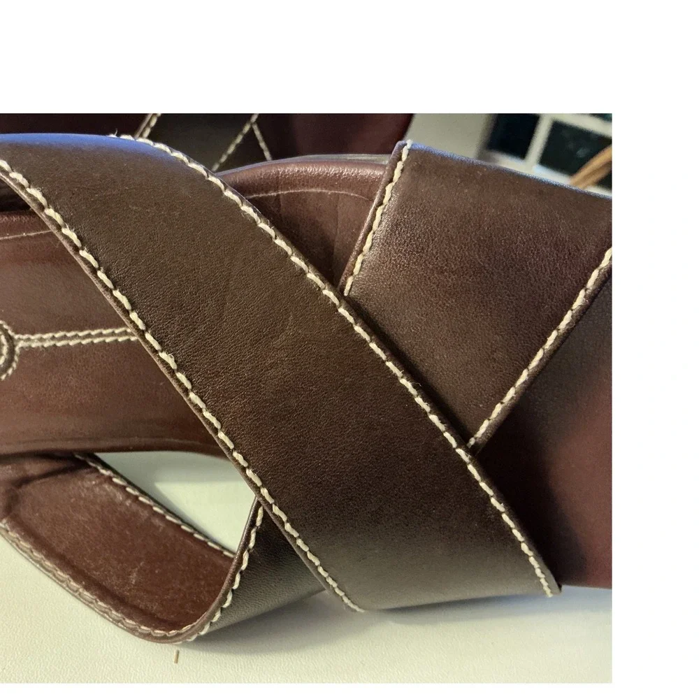 Rockport Brown Leather Crisscross Slide Sandals Block Heel Square Toe Size 7.5M